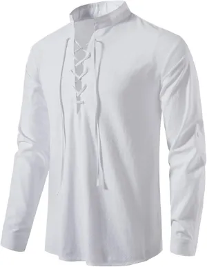 Men's Cotton Linen Lace Up Shirts Pirate Medieval Viking Renaissance Halloween Costume Drawstring Arm Banded Tops