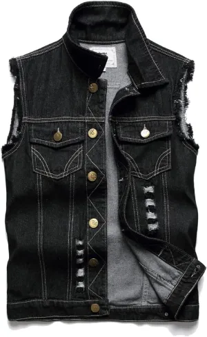 Men's Denim Vest,Sleeveless Jacket Slim Fit Vintage Casual Ripped Summer Jean Vest for Men