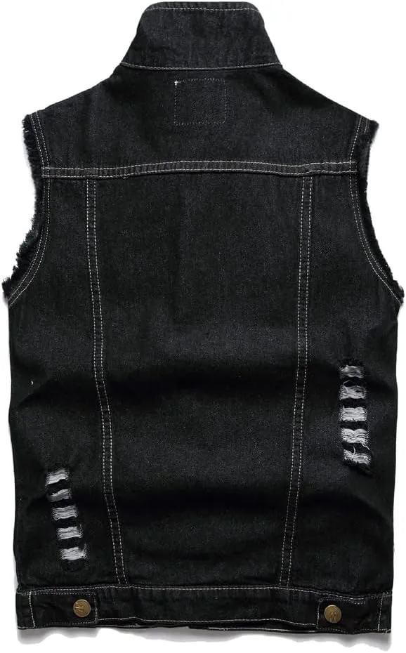 Men's Denim Vest,Sleeveless Jacket Slim Fit Vintage Casual Ripped Summer Jean Vest for Men