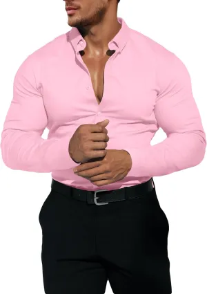 Men's Dress Shirt Slim Fit Button Down Shirt Long Sleeve No Cuff-Links Four Way Stretch Muscle Shirts for Men