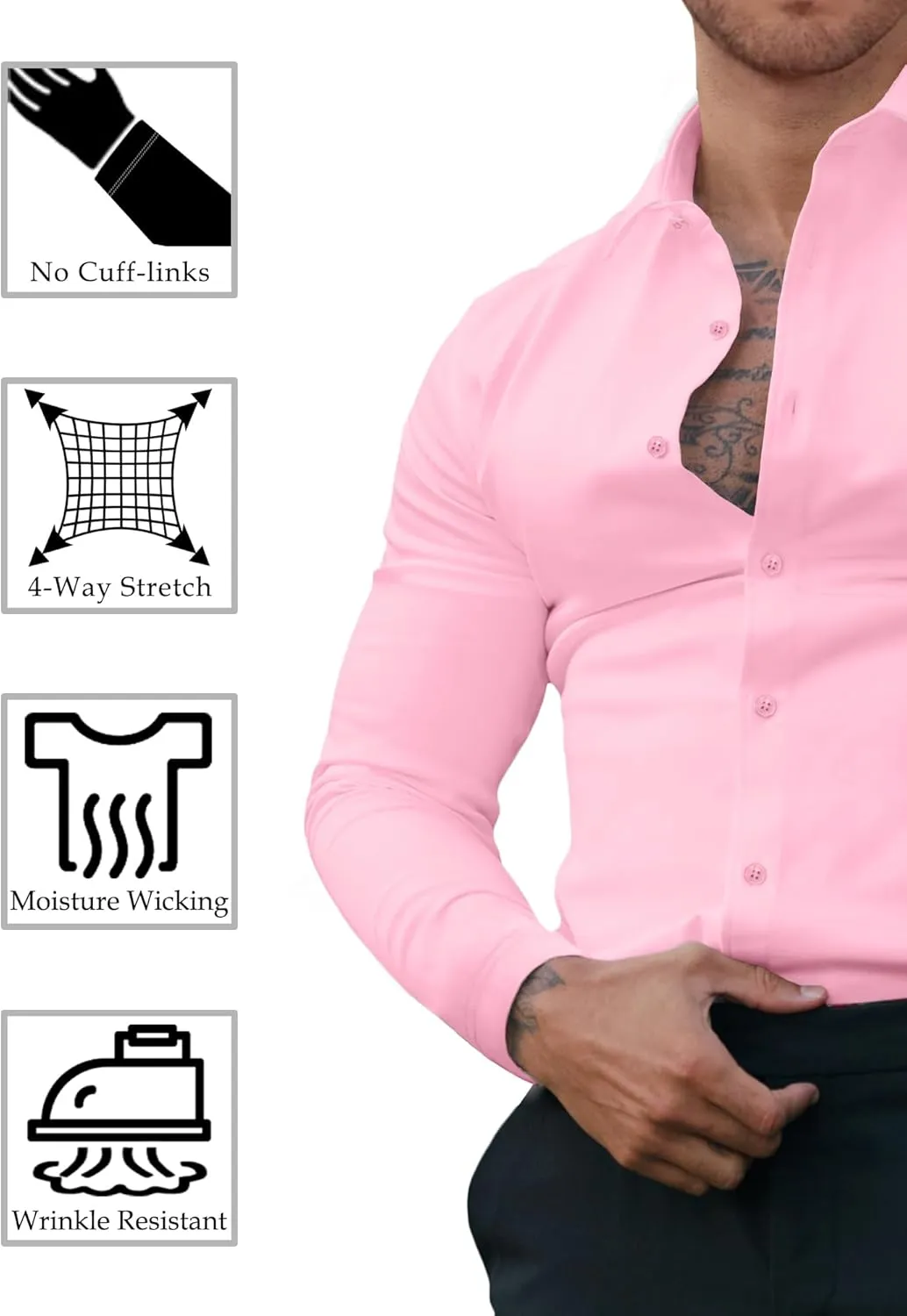 Men's Dress Shirt Slim Fit Button Down Shirt Long Sleeve No Cuff-Links Four Way Stretch Muscle Shirts for Men