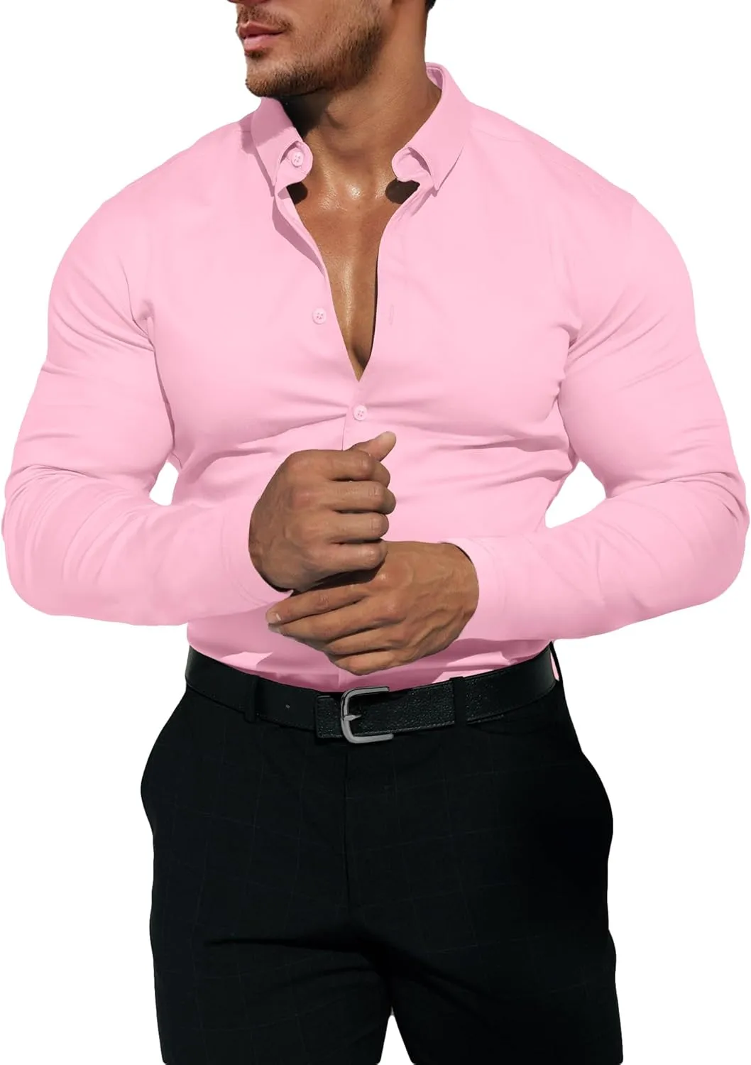 Men's Dress Shirt Slim Fit Button Down Shirt Long Sleeve No Cuff-Links Four Way Stretch Muscle Shirts for Men