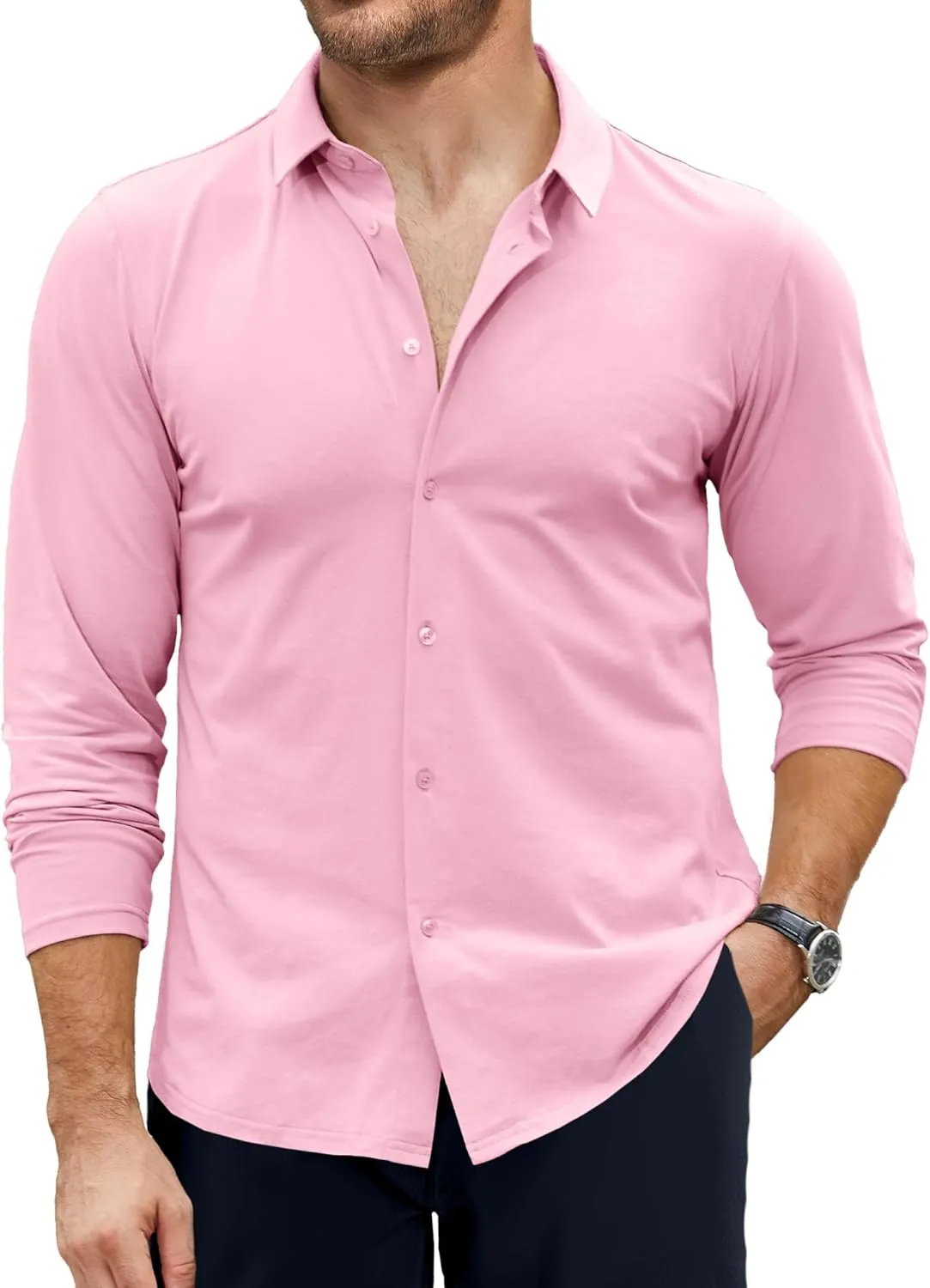 Men's Dress Shirt Slim Fit Button Down Shirt Long Sleeve No Cuff-Links Four Way Stretch Muscle Shirts for Men