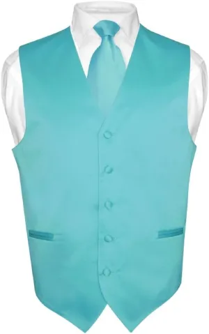 Men's Dress Vest & NeckTie Solid TURQUOISE AQUA BLUE Neck Tie Set for Suit Tux