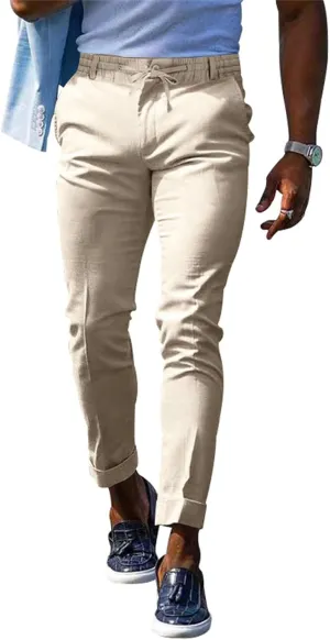 Mens Fashion Stretch Dress Pants Slim Fit Skinny Flat-Front Chino Pants Big and Tall Business Skinny Golf Trousers