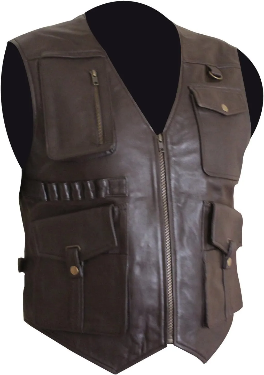 Mens JW Owen Chris Pratt Motorcycle Cargo Multi Pockets Safari Distressed Brown Leather Vest For Men