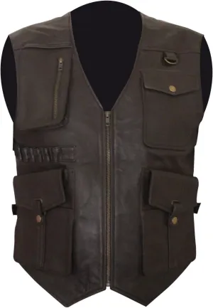 Mens JW Owen Chris Pratt Motorcycle Cargo Multi Pockets Safari Distressed Brown Leather Vest For Men