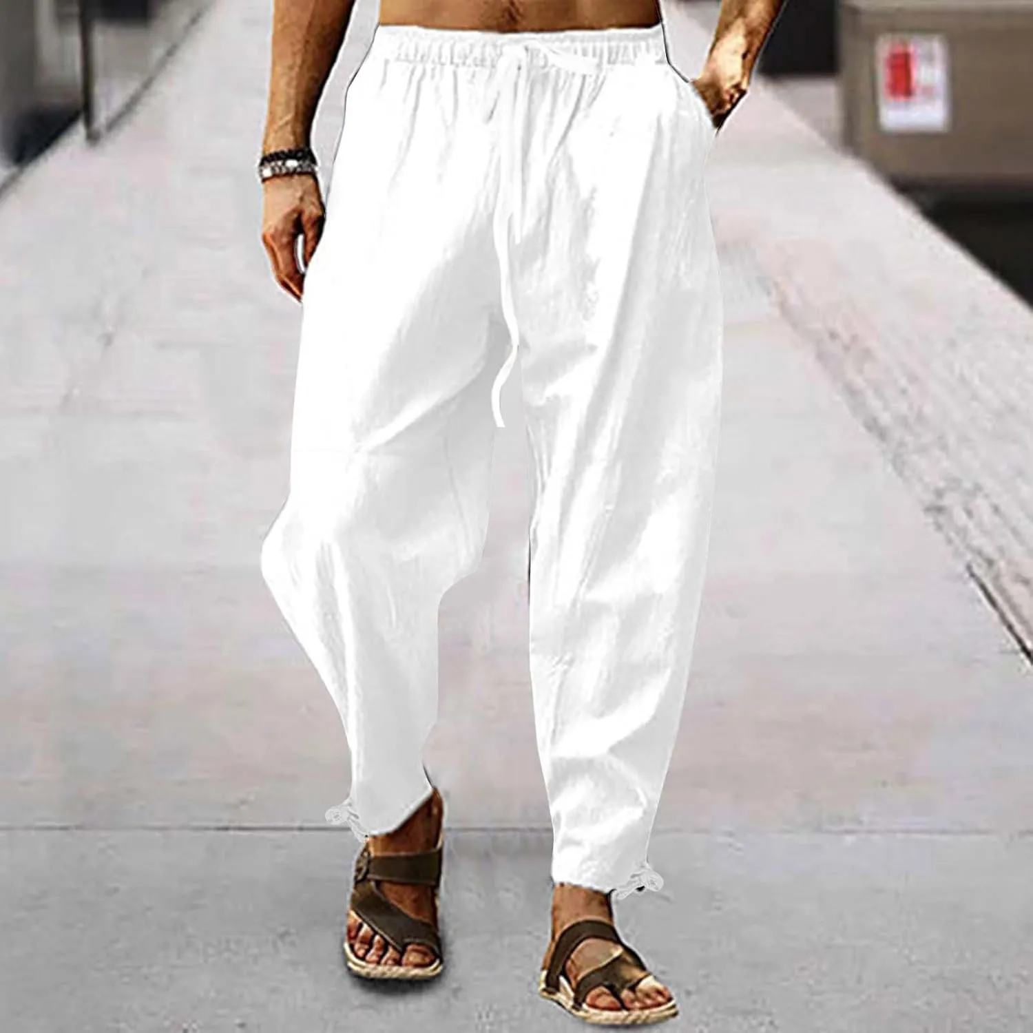 Men's Linen Pants Casual Plain Tapered Pant Summer Outdoor Vacation Beach Plus Size Trousers Lightweight Waist Slacks