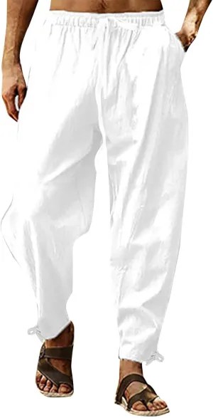 Men's Linen Pants Casual Plain Tapered Pant Summer Outdoor Vacation Beach Plus Size Trousers Lightweight Waist Slacks