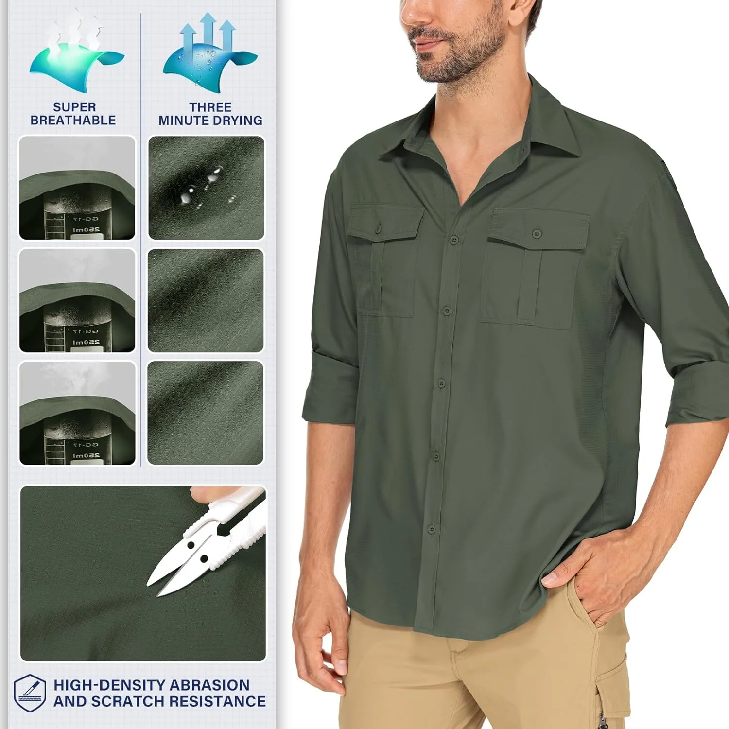 Men's Long Sleeve Sun Protection Fishing Shirt UPF 50  UV Quick Dry Cooling Shirts for Travel Safari Camping Outdoor Hiking