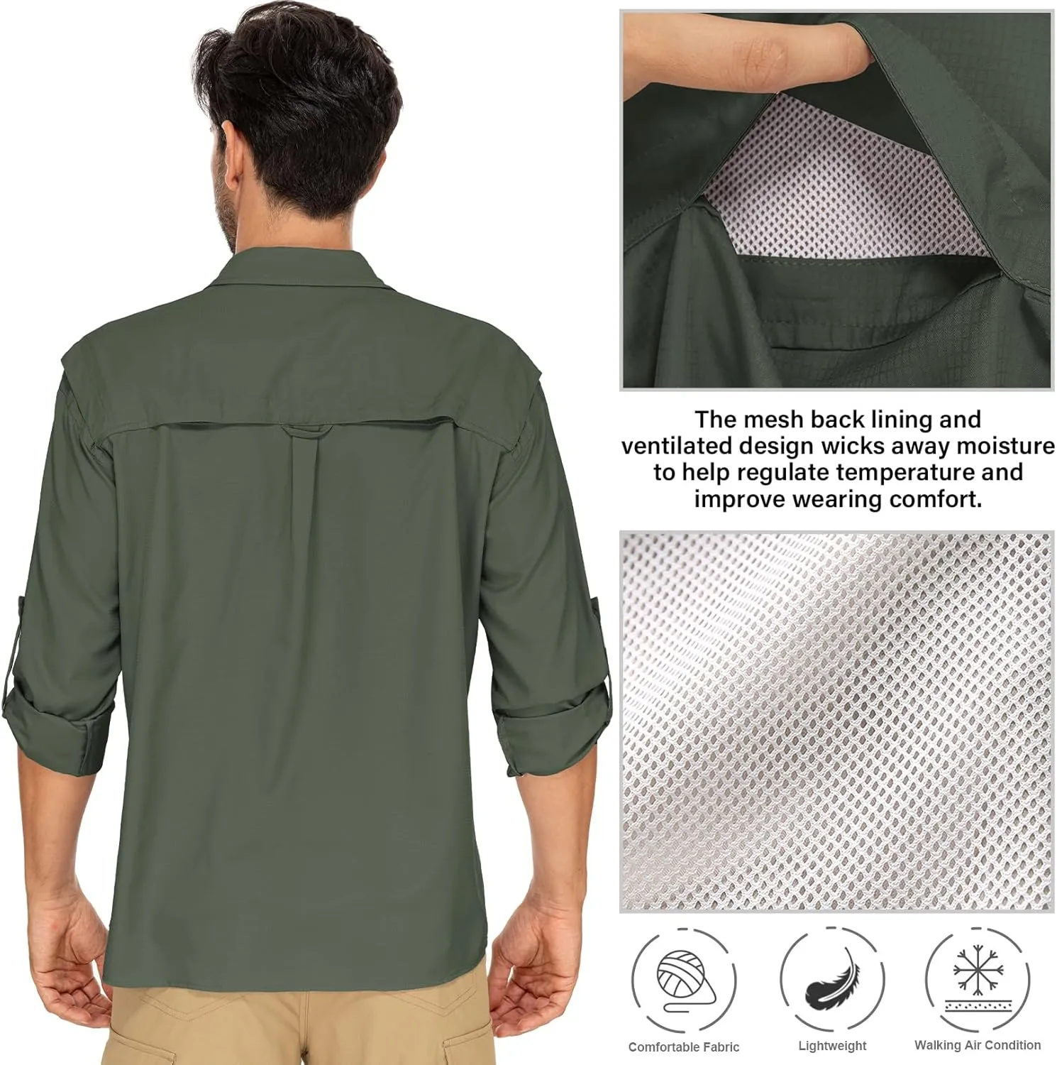 Men's Long Sleeve Sun Protection Fishing Shirt UPF 50  UV Quick Dry Cooling Shirts for Travel Safari Camping Outdoor Hiking