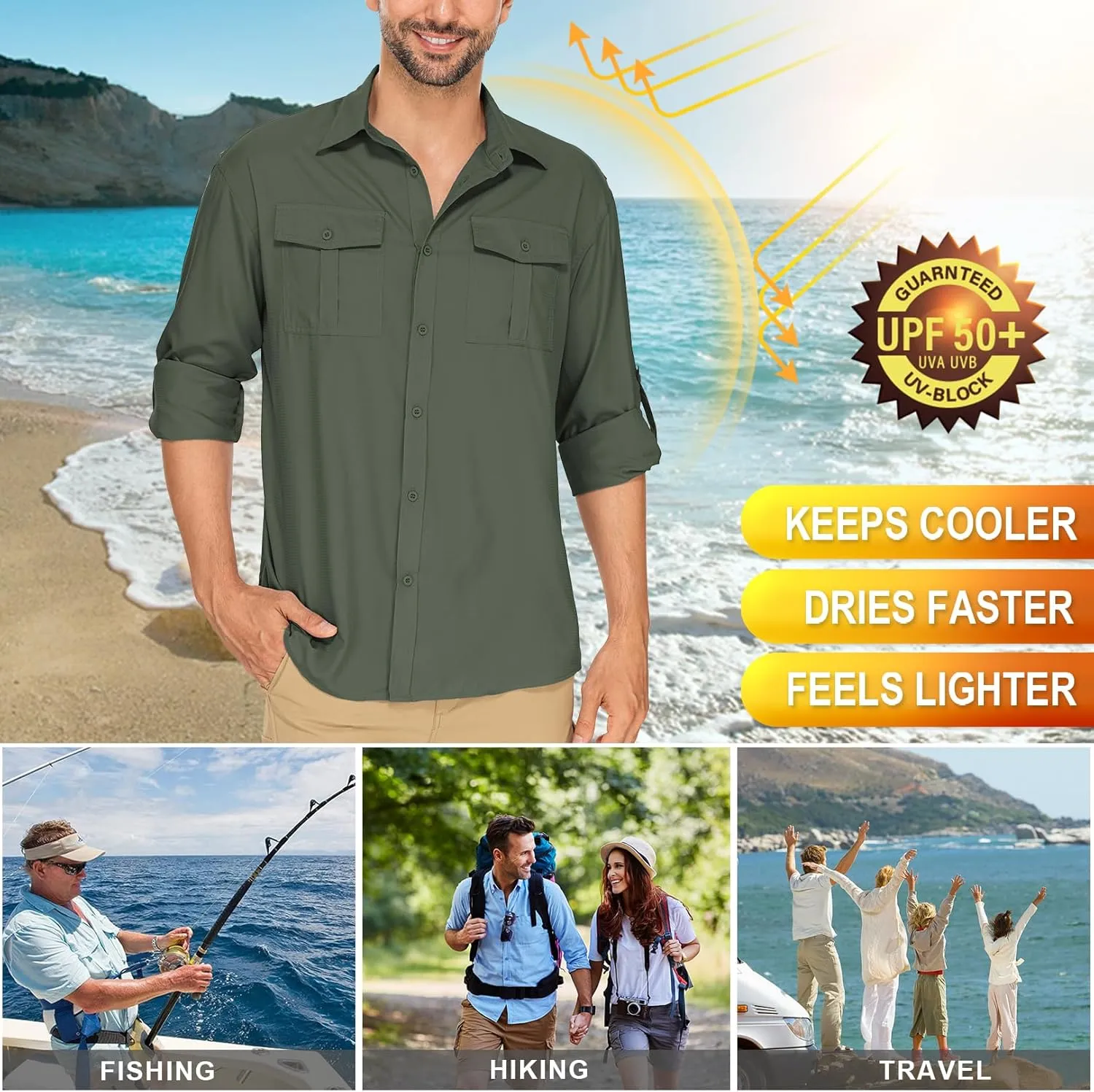 Men's Long Sleeve Sun Protection Fishing Shirt UPF 50  UV Quick Dry Cooling Shirts for Travel Safari Camping Outdoor Hiking