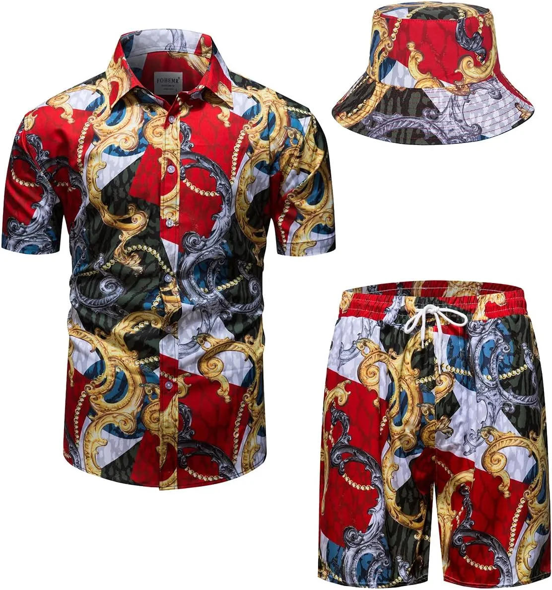 Mens Luxury Outfit Set Black Gold Shirts And Shorts 2 Piece Tracksuit Set Baroque Button Down Suit with Bucket Hats