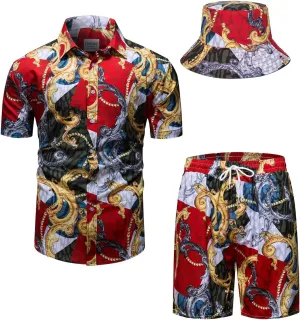 Mens Luxury Outfit Set Black Gold Shirts And Shorts 2 Piece Tracksuit Set Baroque Button Down Suit with Bucket Hats