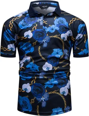 Mens Luxury Polo Shirts Black Gold Short Sleeve Baroque Chain Print Casual Wicking Golf Flower T-Shirt