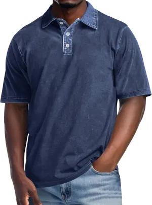 Men's Polo Shirts Short Sleeve Casual Summer Tee Tops Distressed Washed Button Cotton T-Shirt
