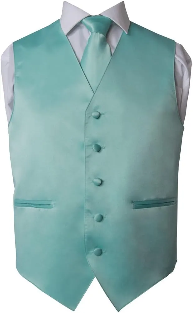 Men's Premium Solid Vest & NeckTie & Pocket Square Set for Suit & Tuxedo