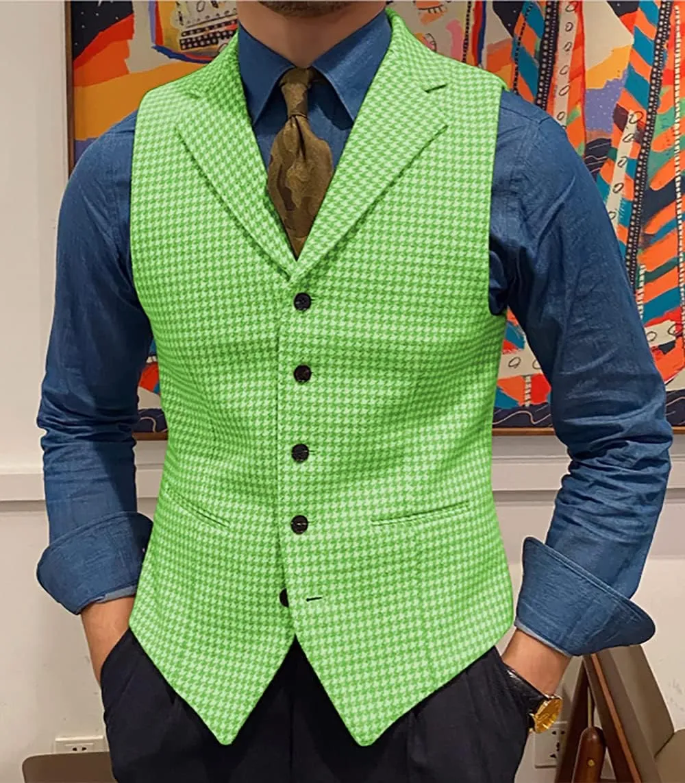 Mens Retro Wool Suit Vest Houndstooth Waistcoat Tweed Herringbone for Tuxedos
