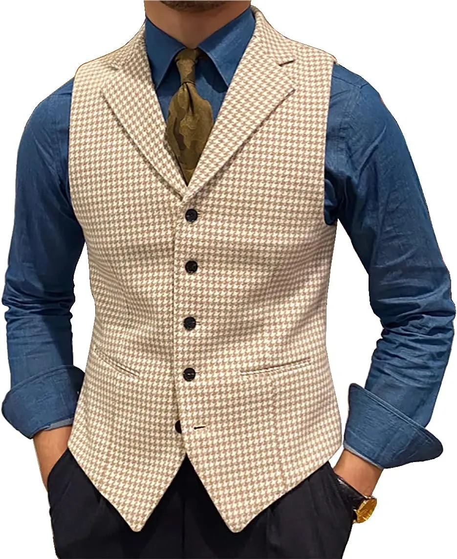 Mens Retro Wool Suit Vest Houndstooth Waistcoat Tweed Herringbone for Tuxedos
