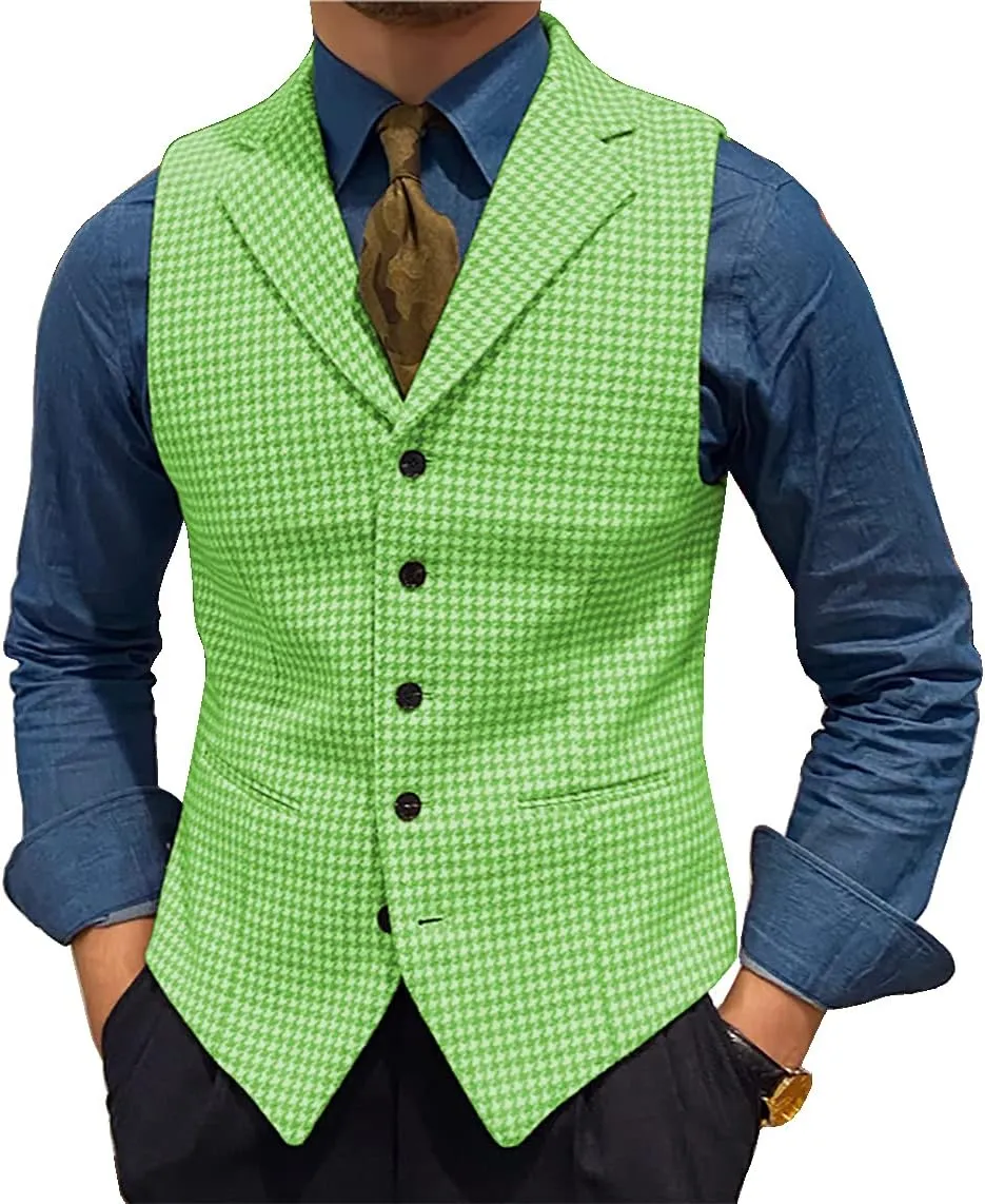 Mens Retro Wool Suit Vest Houndstooth Waistcoat Tweed Herringbone for Tuxedos