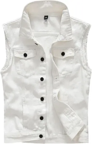 Men's Sleeveless Ripped Denim Vest Casual Slim Fit Button Down Jeans Vests Jacket