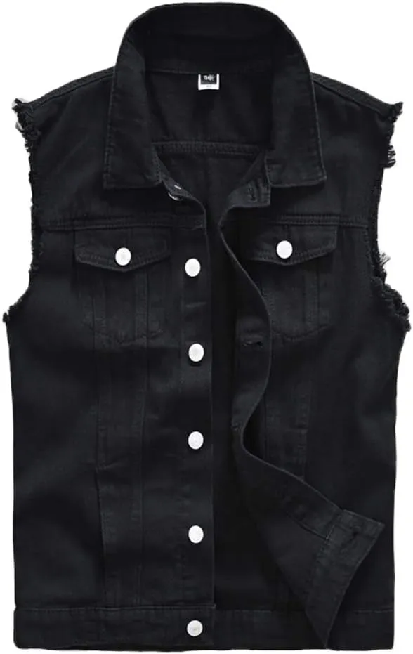 Men's Sleeveless Ripped Denim Vest Casual Slim Fit Button Down Jeans Vests Jacket