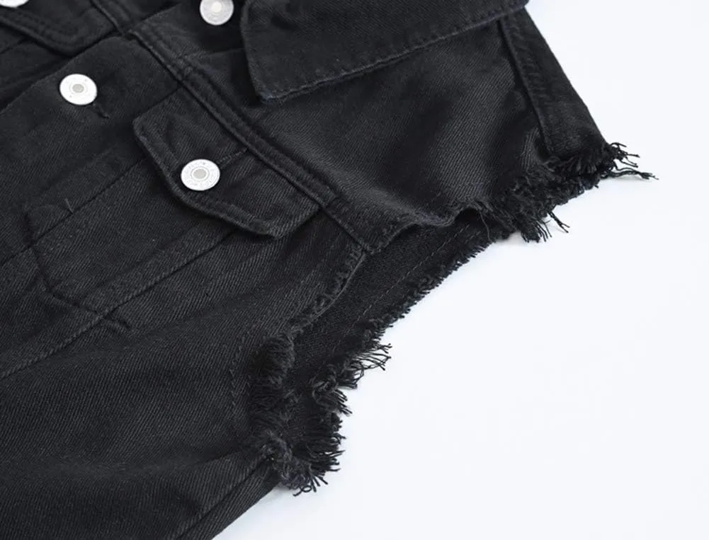 Men's Sleeveless Ripped Denim Vest Casual Slim Fit Button Down Jeans Vests Jacket