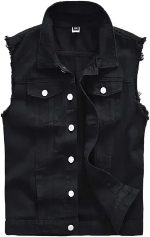 Men's Sleeveless Ripped Denim Vest Casual Slim Fit Button Down Jeans Vests Jacket