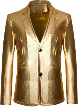 Mens Slim Fit Blazer Jacket PU Leather Formal Dress Suit Two-Button Notched Lapel Casual Suit Jacket Party Clubwear