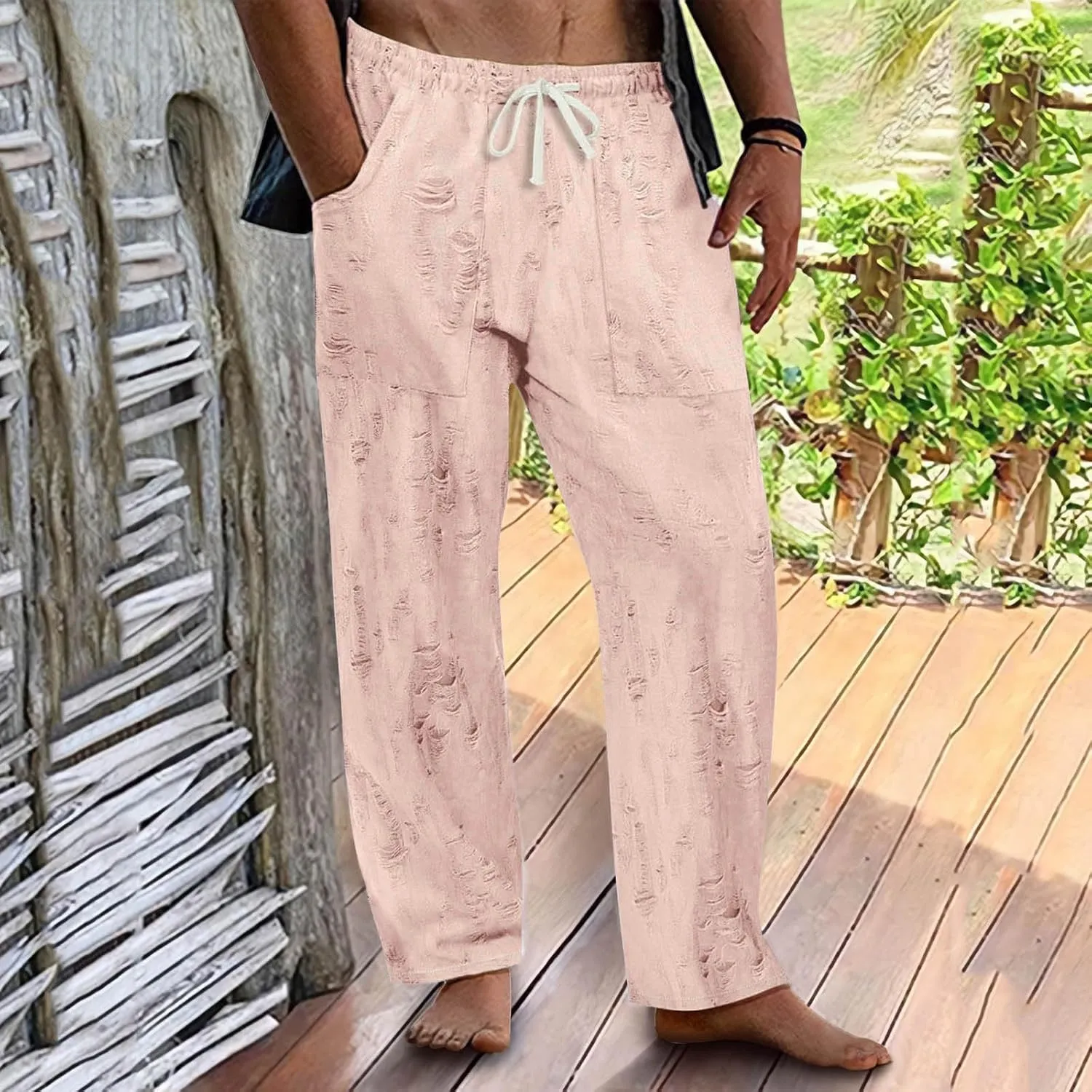 Mens Summer Casual Pants Fashion Ripped Distressed Hip Hop Streetwear Elastic Waist Loose Fit Trousers with Pockets
