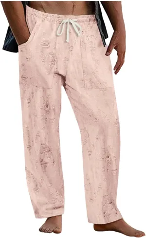 Mens Summer Casual Pants Fashion Ripped Distressed Hip Hop Streetwear Elastic Waist Loose Fit Trousers with Pockets