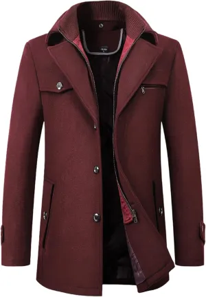 Mens Trench Coat Notched Lapel Collar Single Breasted Mid Long Length Pea Coat Casual Business Work Classic Overcoat