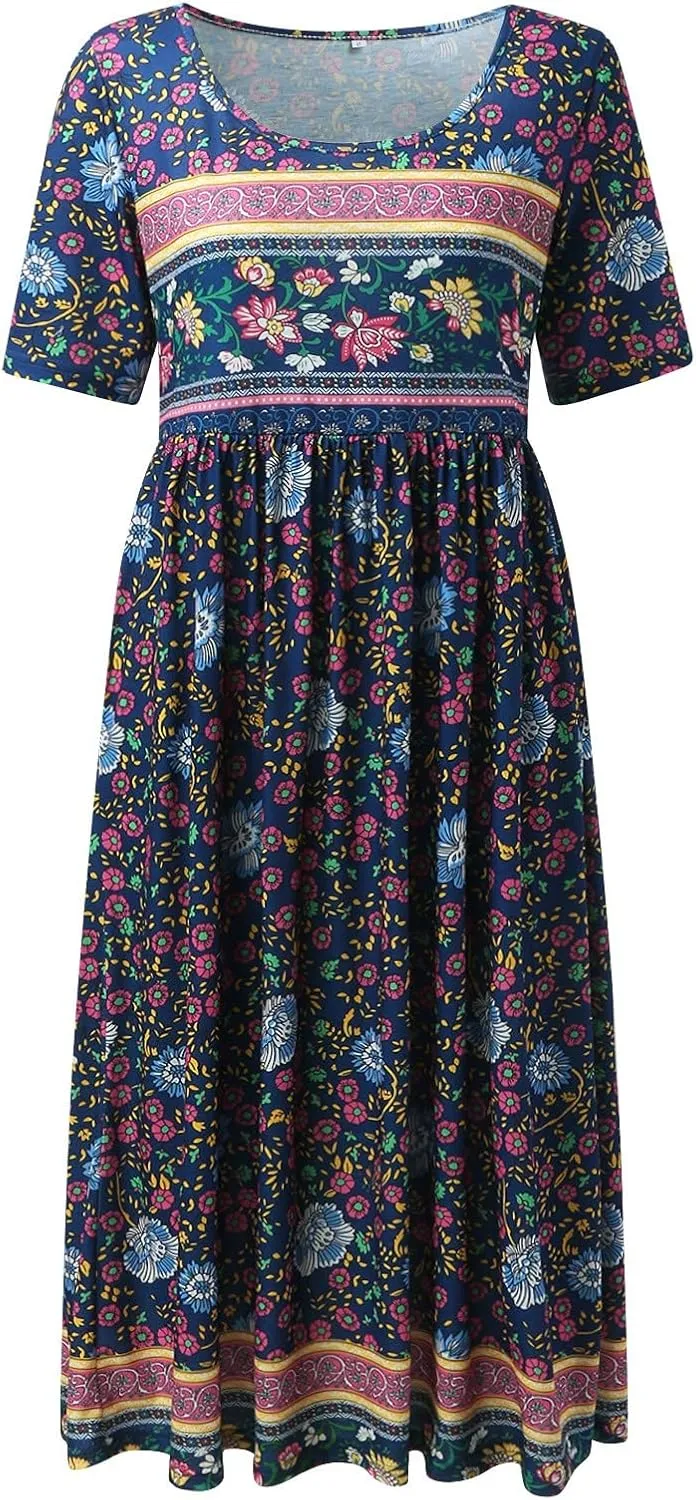 Midi Dresses for Women 2024 Floral Print High Waist Boho Dresses with Pockets Half Sleeve Loose Flowy Summer Dresses