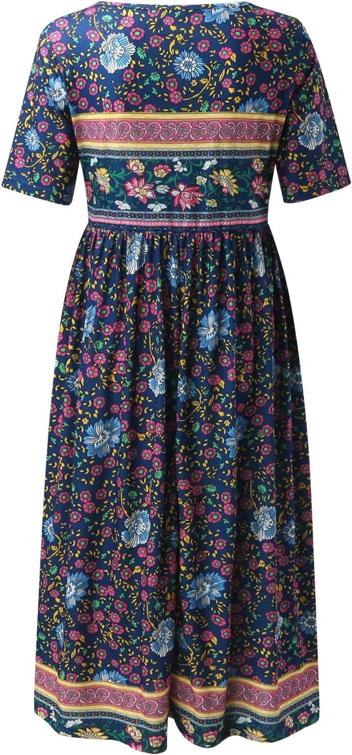 Midi Dresses for Women 2024 Floral Print High Waist Boho Dresses with Pockets Half Sleeve Loose Flowy Summer Dresses