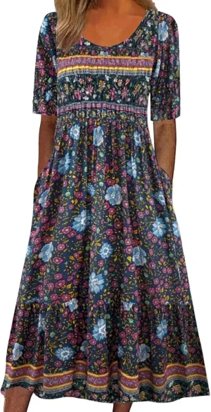 Midi Dresses for Women 2024 Floral Print High Waist Boho Dresses with Pockets Half Sleeve Loose Flowy Summer Dresses