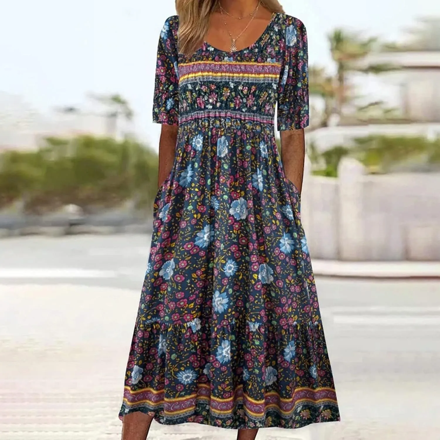 Midi Dresses for Women 2024 Floral Print High Waist Boho Dresses with Pockets Half Sleeve Loose Flowy Summer Dresses
