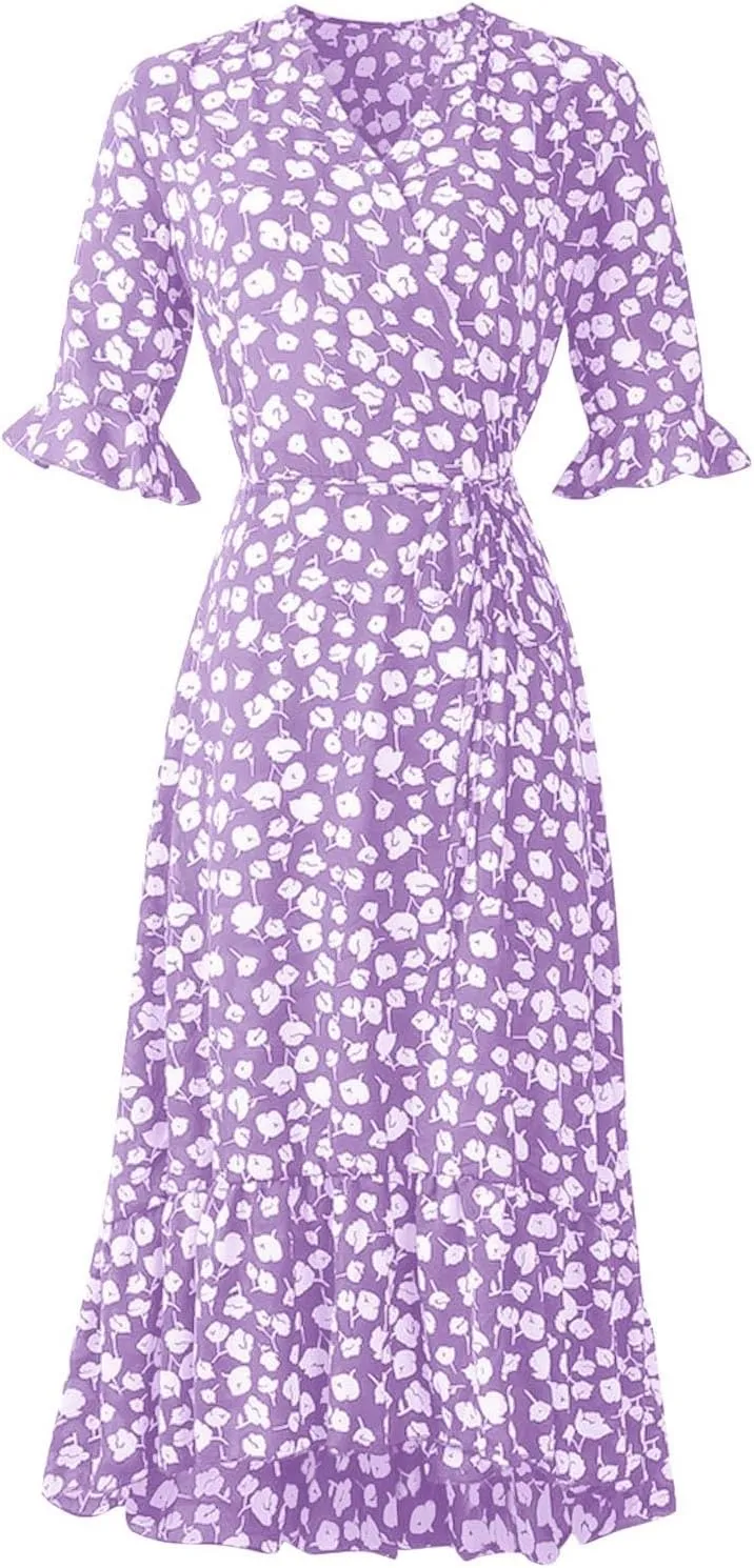 Midi Dresses for Women Floral Print V Neck Boho Beach Dress Half Sleeve High Waist Split Ruffle Hem Summer Dresses