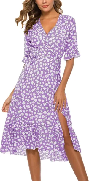 Midi Dresses for Women Floral Print V Neck Boho Beach Dress Half Sleeve High Waist Split Ruffle Hem Summer Dresses
