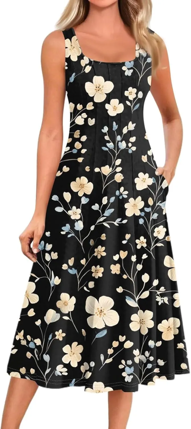 Midi Sundress Women Casual Pleated Floral A-line Tank Sundress Beach Vacation Cruise Outfits