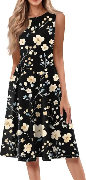 Midi Sundress Women Casual Pleated Floral A-line Tank Sundress Beach Vacation Cruise Outfits