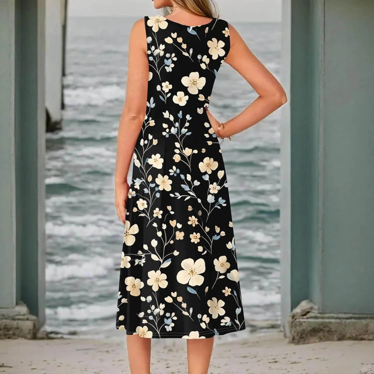 Midi Sundress Women Casual Pleated Floral A-line Tank Sundress Beach Vacation Cruise Outfits
