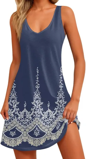 Mini Dresses for Women V Neck Floral Print Tank Dresses Sleeveless Sundresses Swing Beach Dress Beach Cover Ups