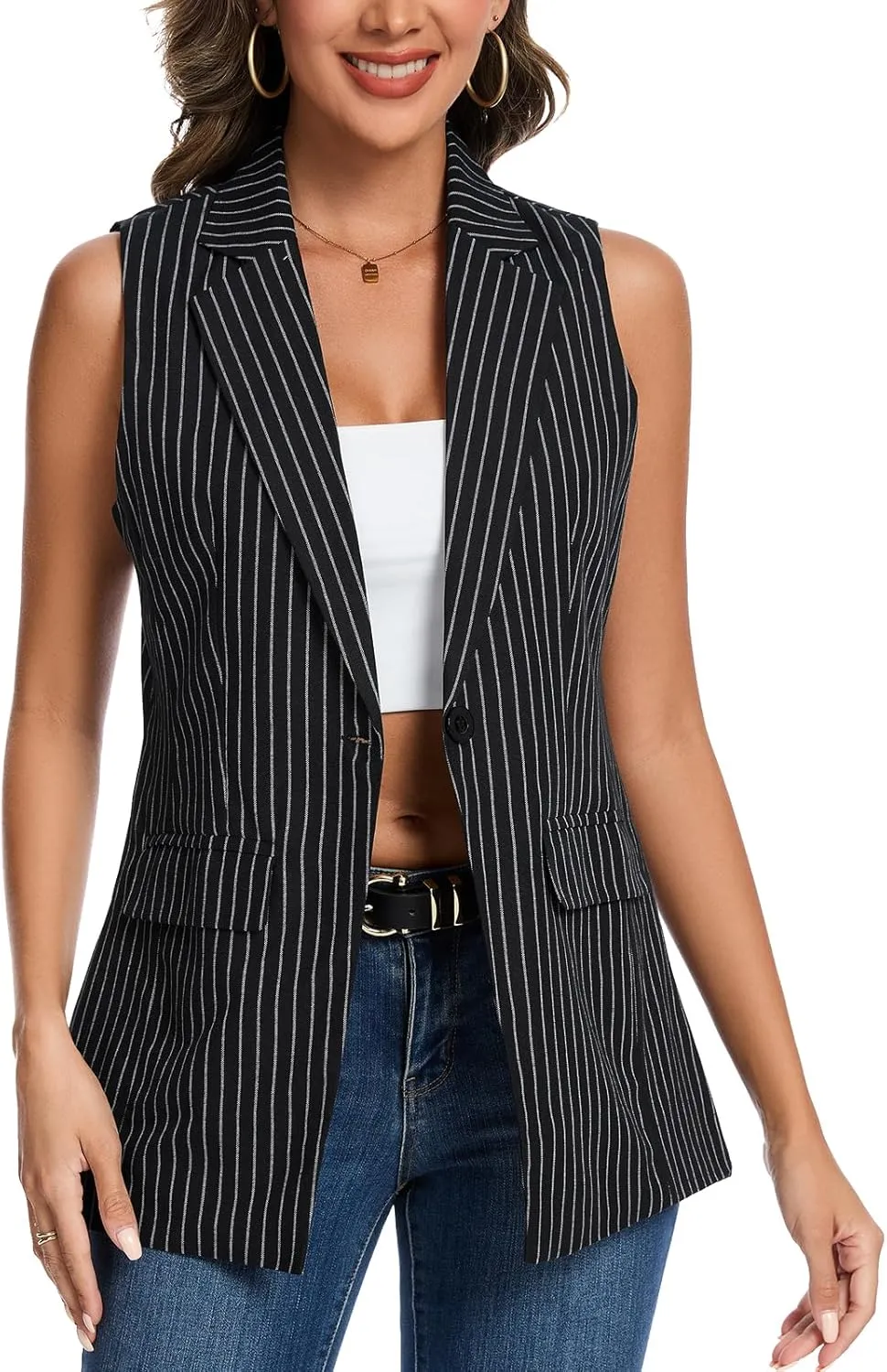 MINTLIMIT Womens Casual Vest Sleeveless Blazer Button Front Jacket Office Fully Lined Notched Lapel Long Blazers with Pockets
