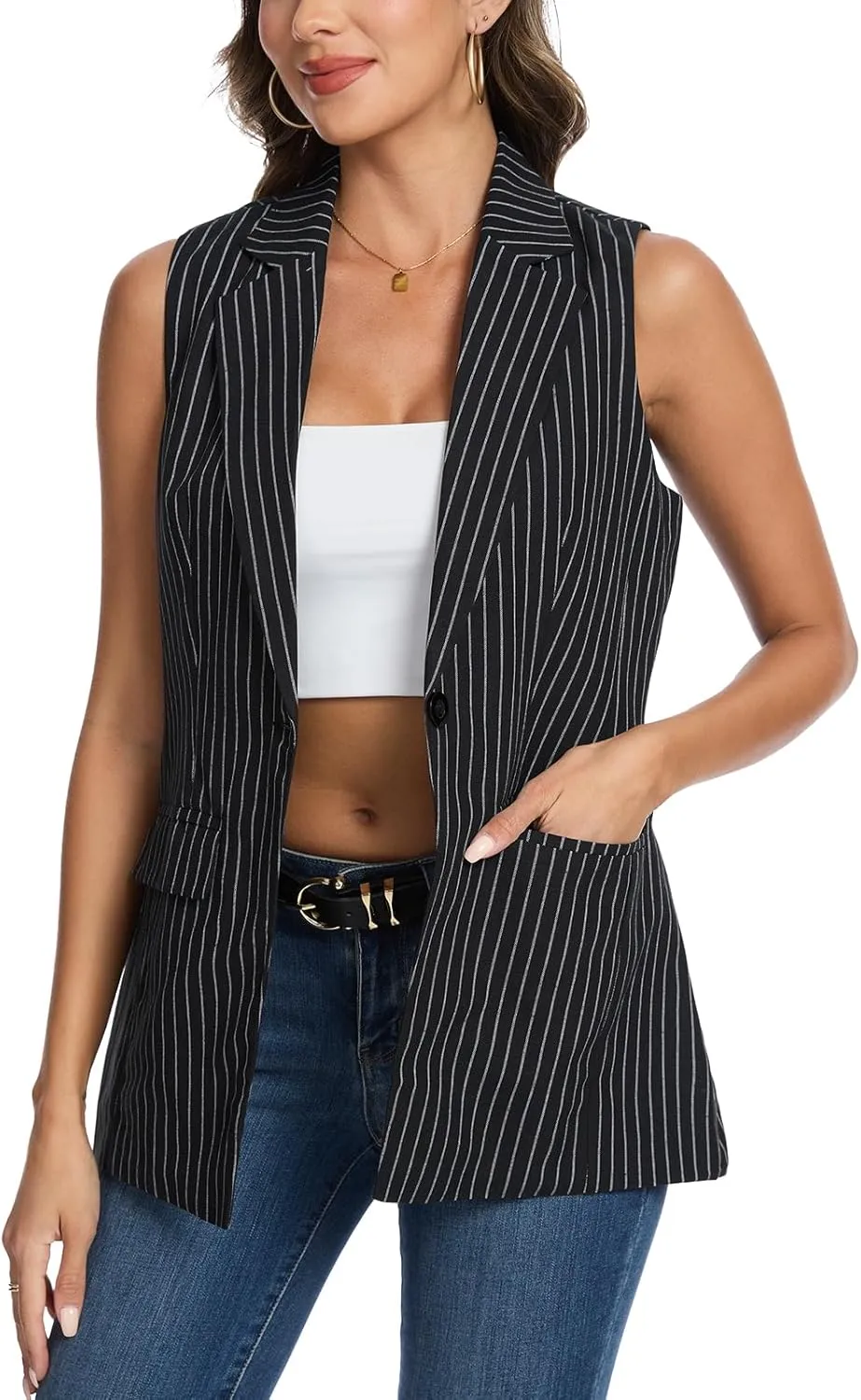 MINTLIMIT Womens Casual Vest Sleeveless Blazer Button Front Jacket Office Fully Lined Notched Lapel Long Blazers with Pockets