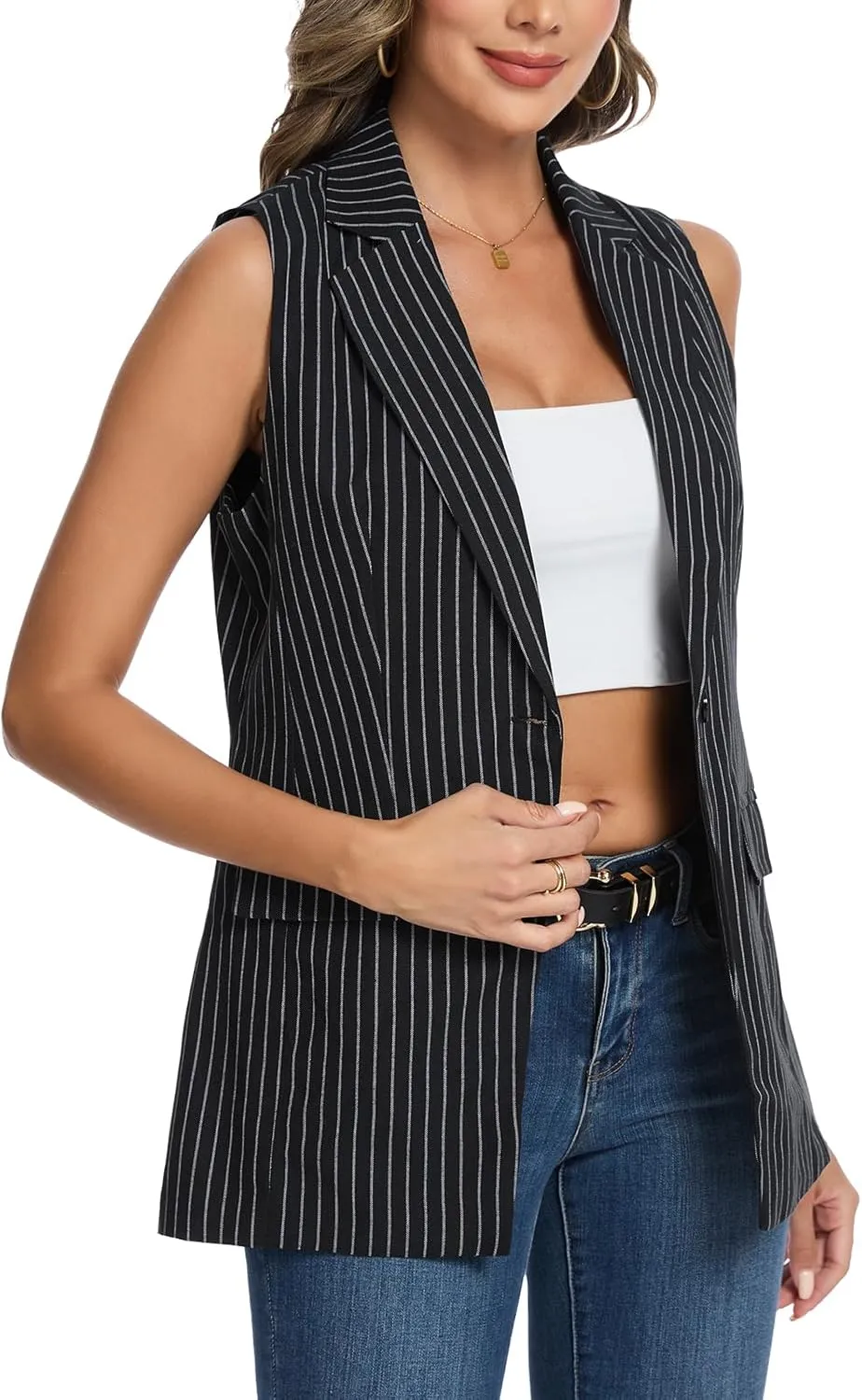 MINTLIMIT Womens Casual Vest Sleeveless Blazer Button Front Jacket Office Fully Lined Notched Lapel Long Blazers with Pockets