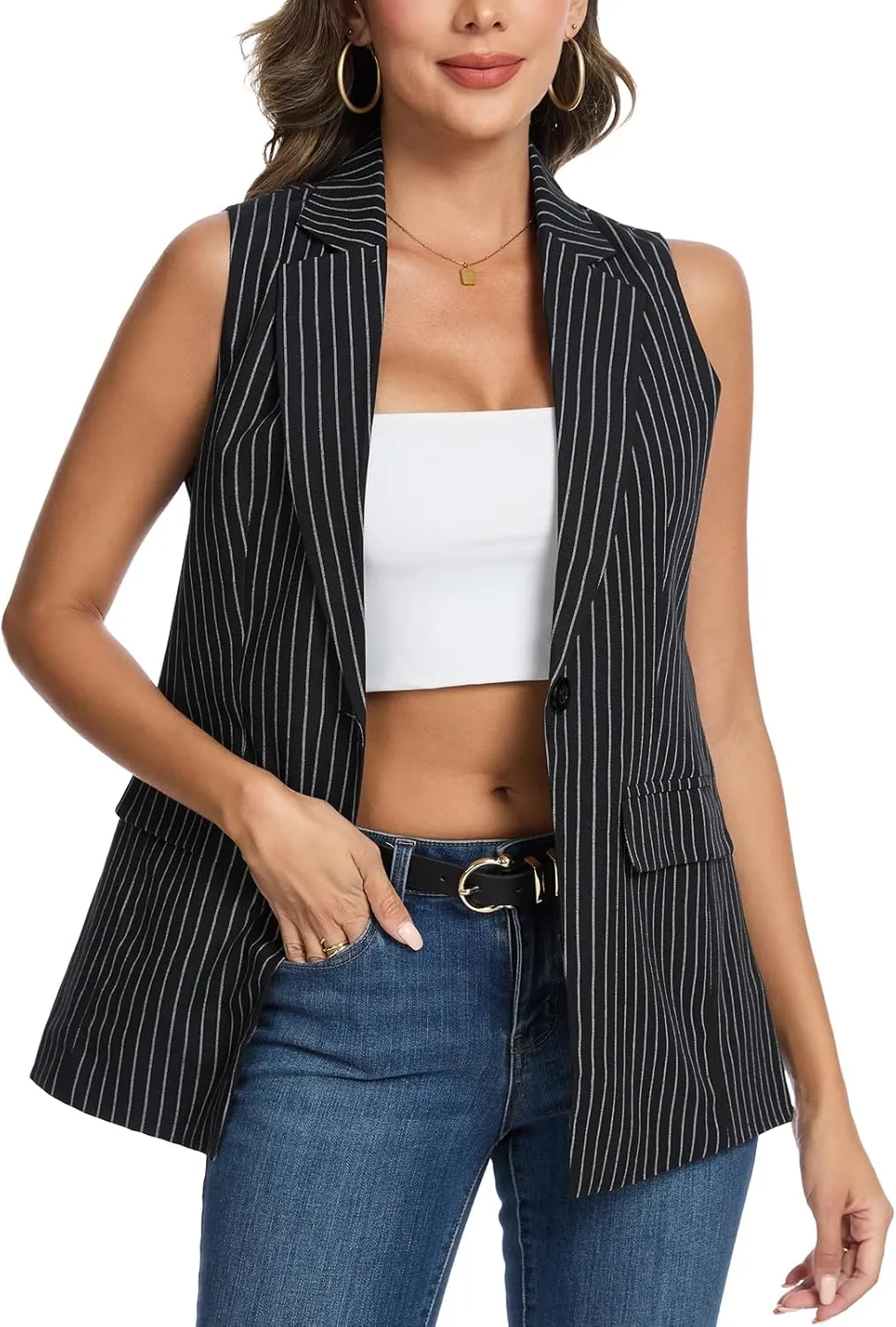 MINTLIMIT Womens Casual Vest Sleeveless Blazer Button Front Jacket Office Fully Lined Notched Lapel Long Blazers with Pockets