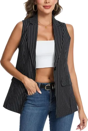 MINTLIMIT Womens Casual Vest Sleeveless Blazer Button Front Jacket Office Fully Lined Notched Lapel Long Blazers with Pockets