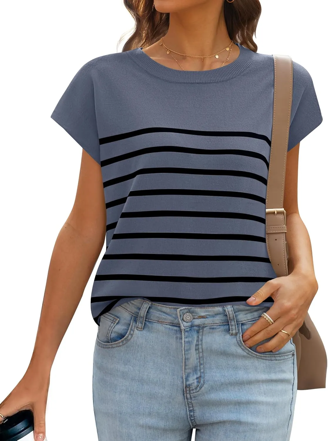 MIROL Women's Cap Sleeve Striped Tops 2025 Batwing Short Sleeve Summer Crewneck Tee Knit Casual Loose Shirts