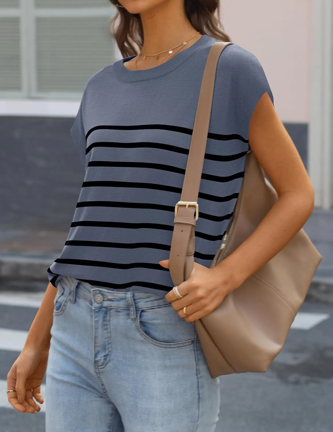 MIROL Women's Cap Sleeve Striped Tops 2025 Batwing Short Sleeve Summer Crewneck Tee Knit Casual Loose Shirts
