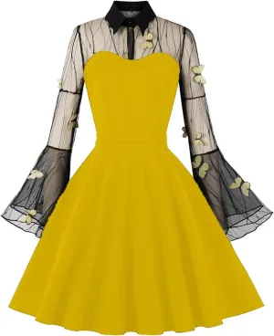 Miyaomn Women Keyhole Butterfly Mesh Bell Sleeve Midi Dress Gothic Cocktail 50s Vintage Lapel Collar Sheer A-Line Swing Dress